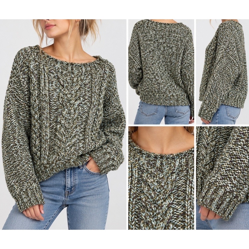 Abercrombie & Fitch Oversized Cable Knit Sweater Green Marl Women Medium